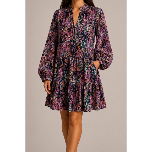 Vince Camuto Dresses & Skirts - Vince Camuto Womens Floral Tiered Babydoll Mini Dress Long Sleeve Pink Black M